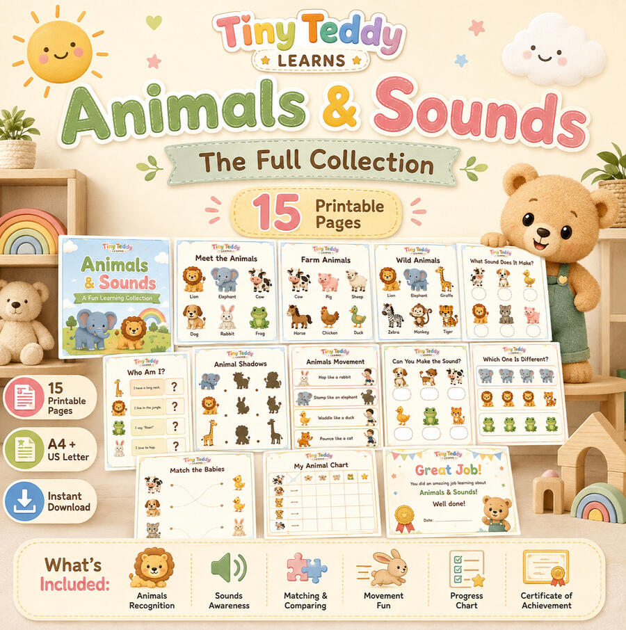 Animal £ Sounds Printable Pack Tiny Teddy Learns Animals and Sounds printable activity pack for toddler